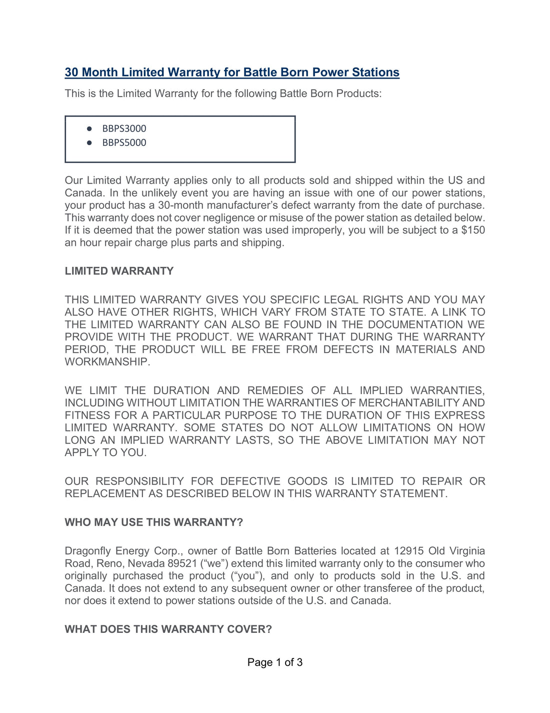 Battle Born Power Stations | 30-Month Limited Warranty