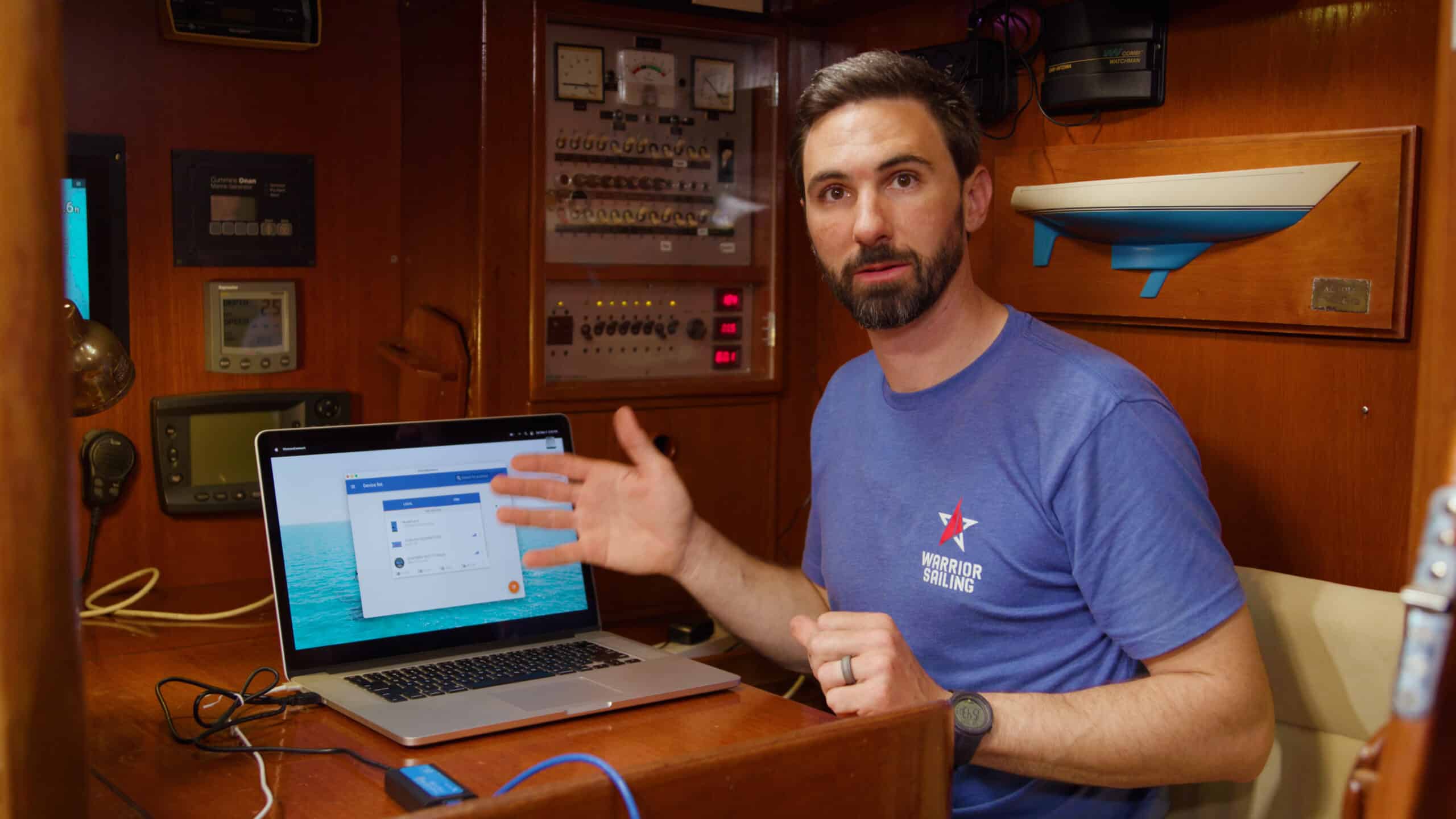Victron app displayed on a lap top with Connor Smith