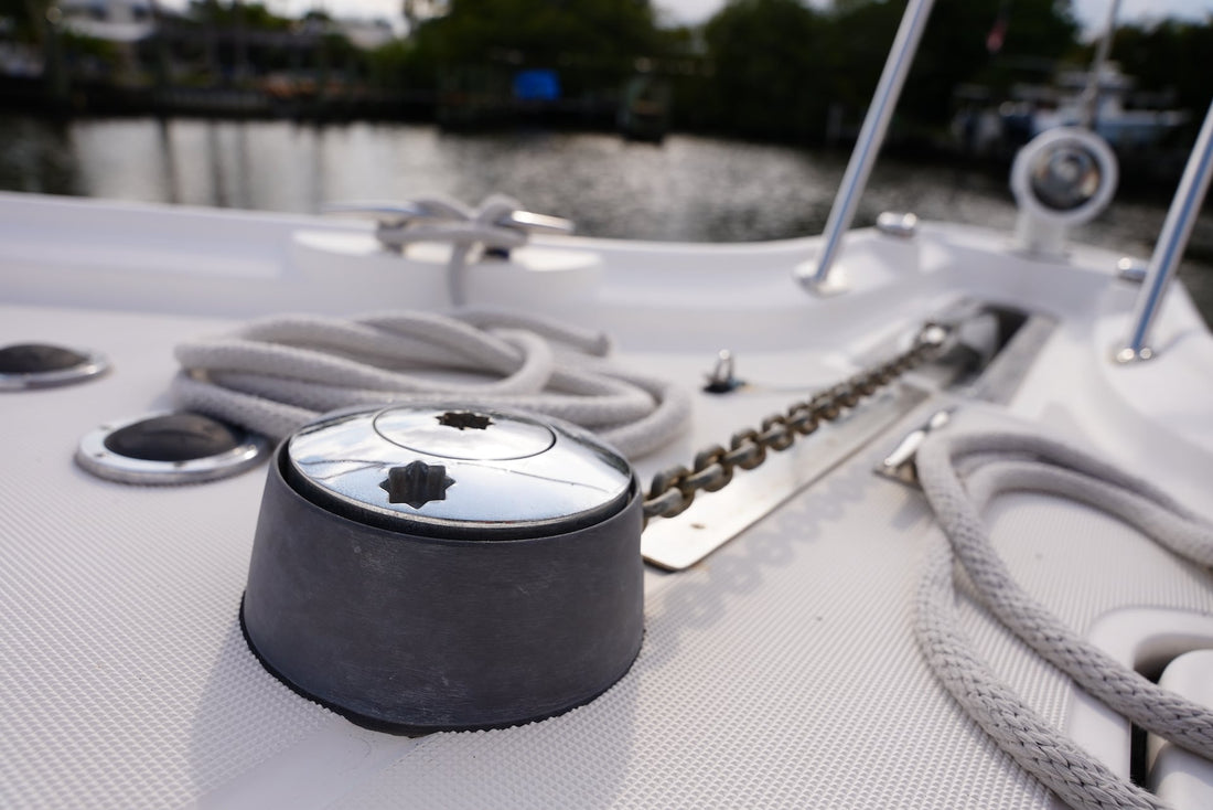 anchor on windlass on boat|windlass for anchor|boat with anchor windlass|Anchor Chain on a Boat|Anchor Chain on a Boat|The Side of a Boat|Battle Born Battery Sitting on a Boat with an American Flag in the Background|ship windlass