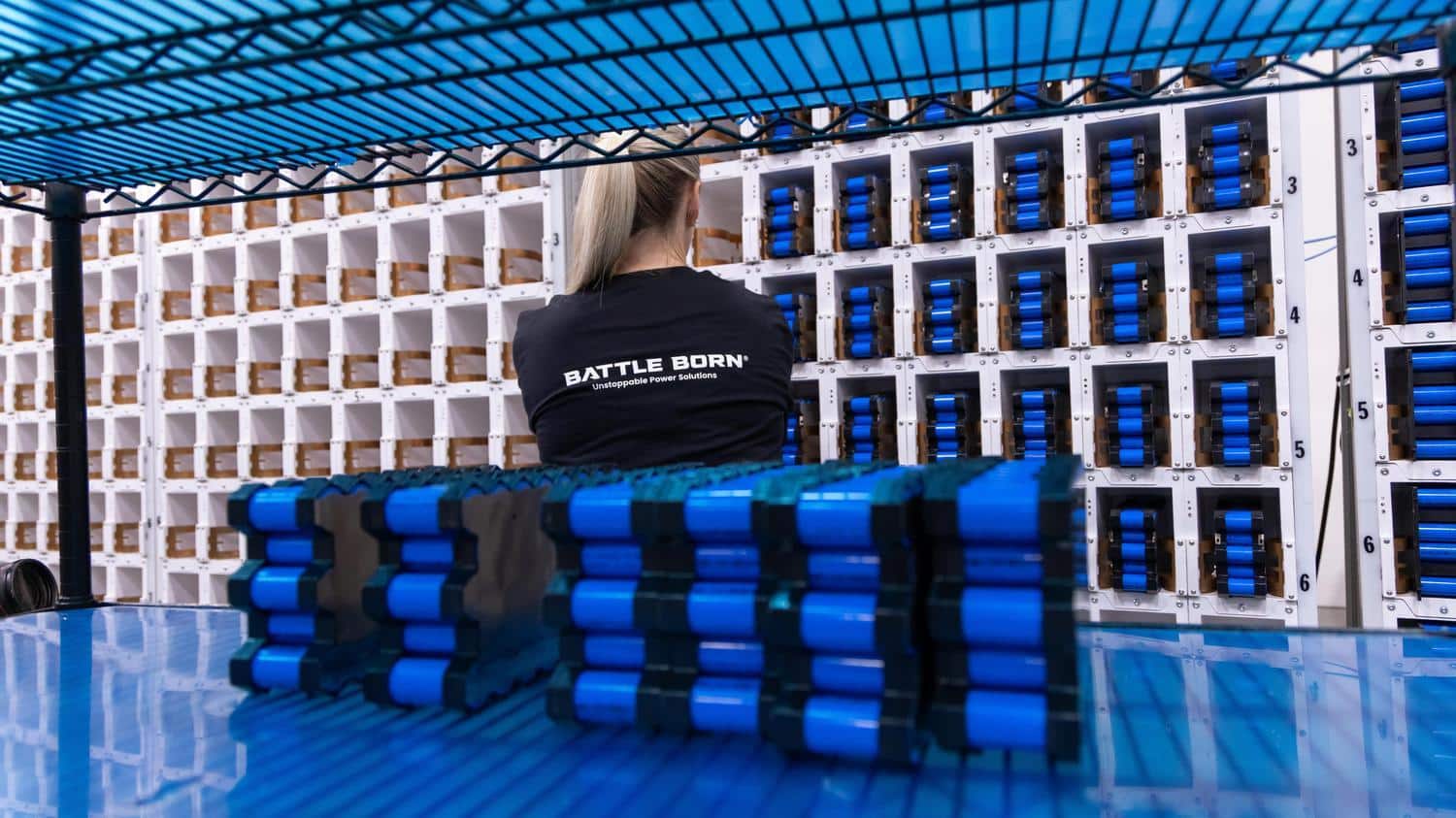 lithium battery cells being cycled in specialized equipment|spot welding lithium battery cells|battery management system test for quality control|lithium battery shipping boxes|building turnkey lithium power systems