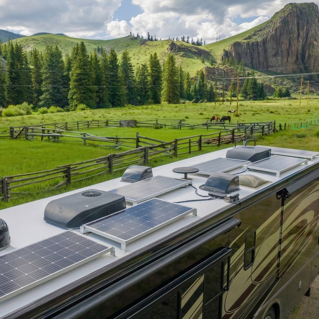 solar panels on RV roof in mountain meadow