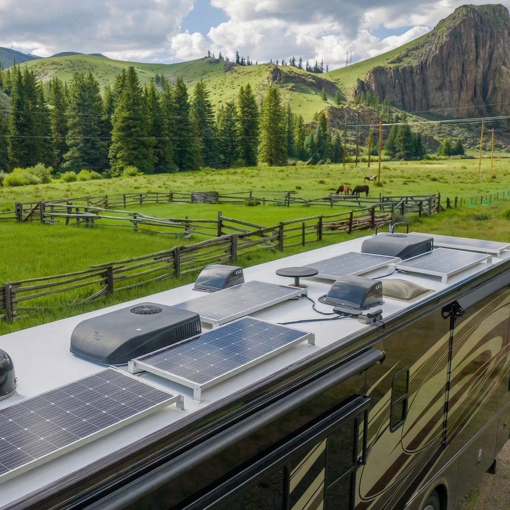 solar panels on RV roof in mountain meadow