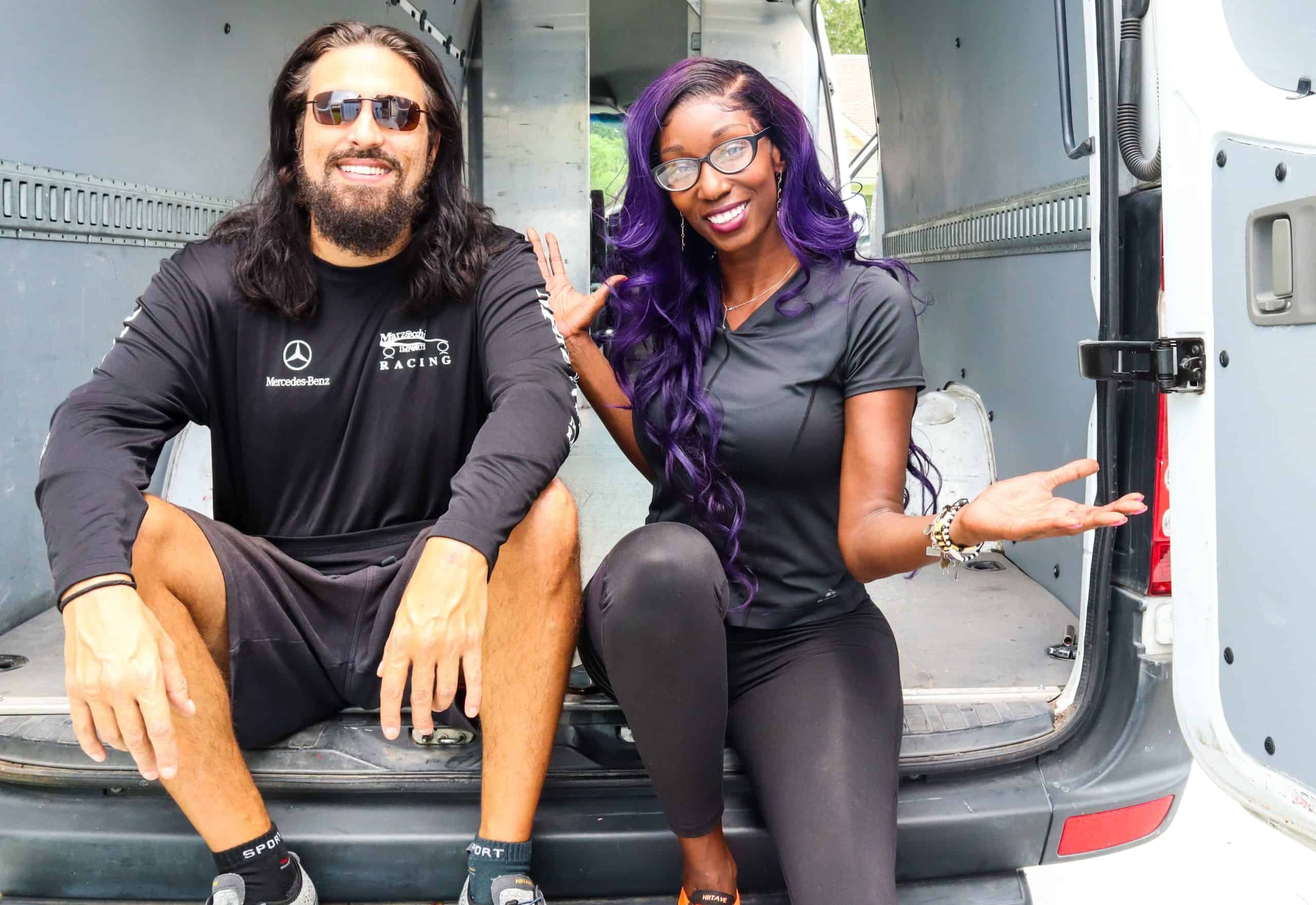 Tino and Tenaj posing in the back of their van|Van Build|Van Build|IMG_3818|van build