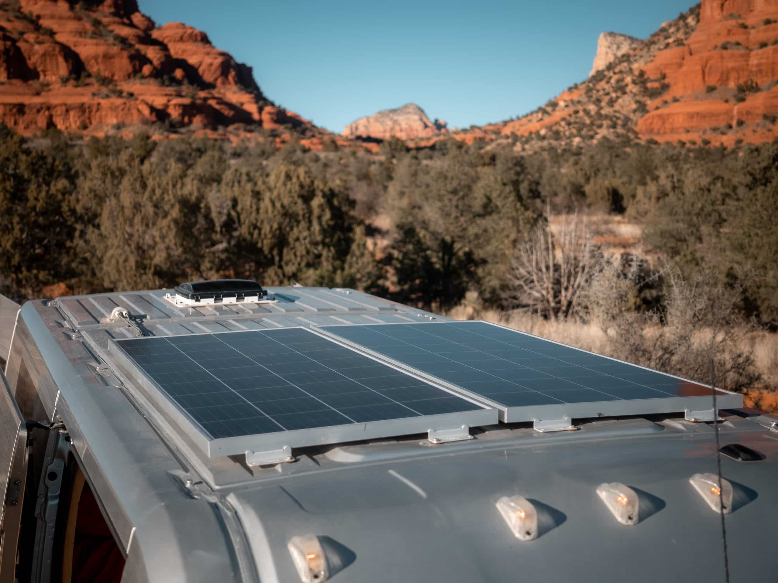 Solar panels on a van|solar panels mounted on an off grid property