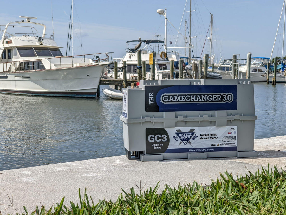 Battle Born GC3 Battery in front of a Boat