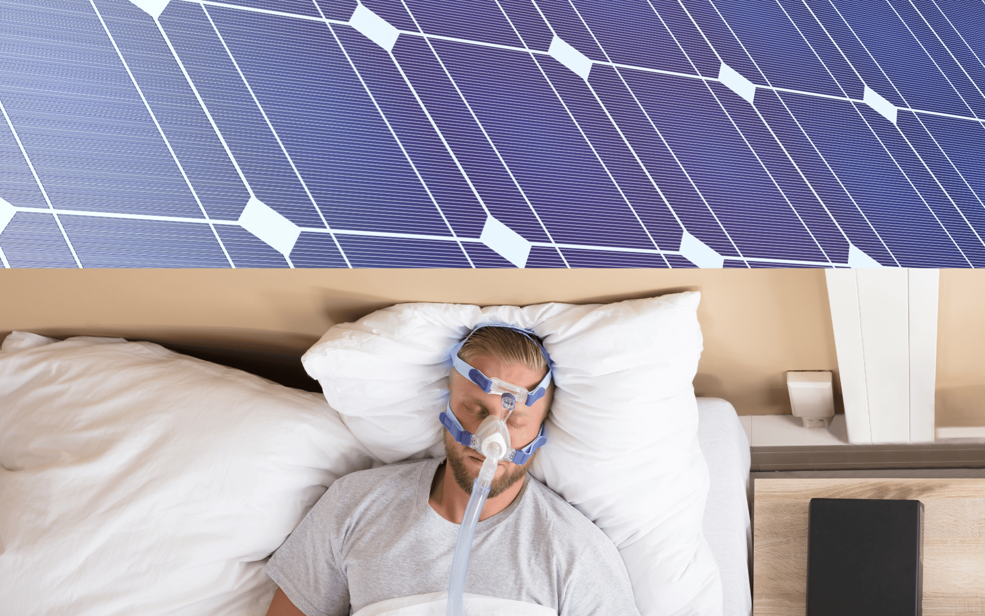 Solar Panels and Man Sleeping with a CPAP Machine