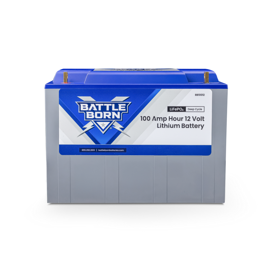 Battle Born BB10012 battery, a grey case with a blue top and two brass flag terminals, the front label reading 'Battle Born 100 Amp Hour 12 Volt Lithium Battery' with 'LiFePO4 Deep Cycle' and the model code BB10012.