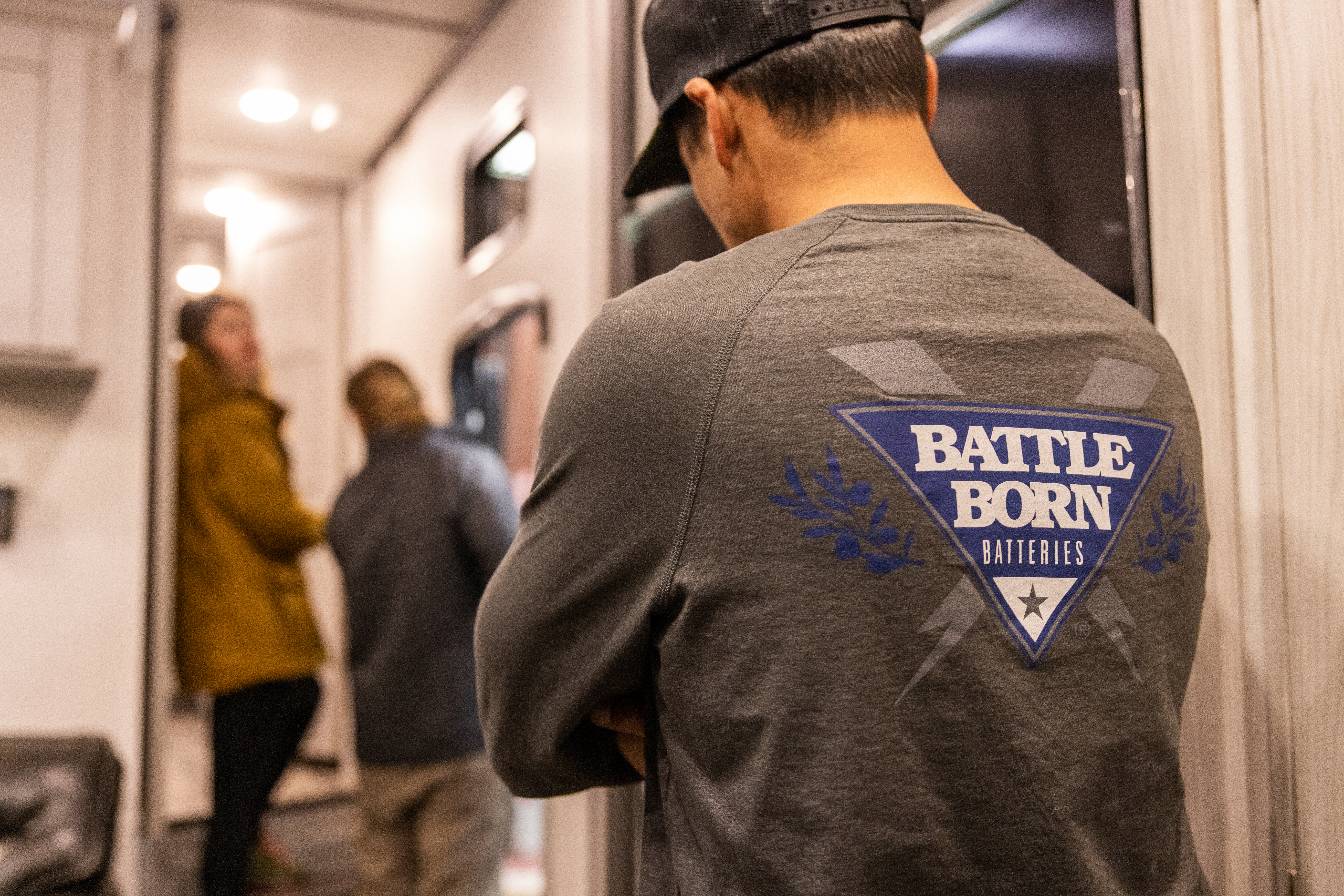 Chris Zaldain in Battle Born Batteries Shirt in New RV at Fifth Wheel Pick Up