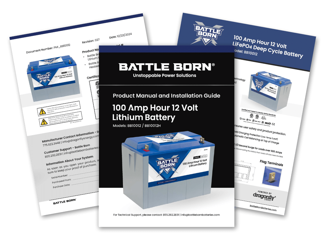 Battle Born 100Ah 12V LiFePO4 battery product manuals, data sheets, installation guides, and resources for setup, performance optimization, and safety compliance.