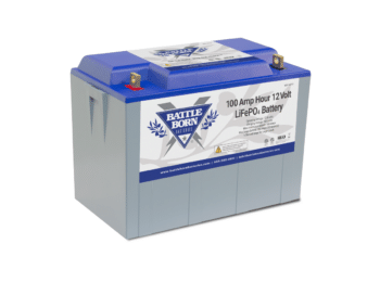 Standard product image of a 100 amp hour 12 volt LiFePO4 battery by Battle Born Batteries, showcasing the blue and grey design with company branding.