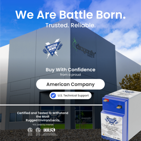 Promotional image featuring Battle Born Batteries' headquarters, affirming the brand's reliability and status as a trusted American company.