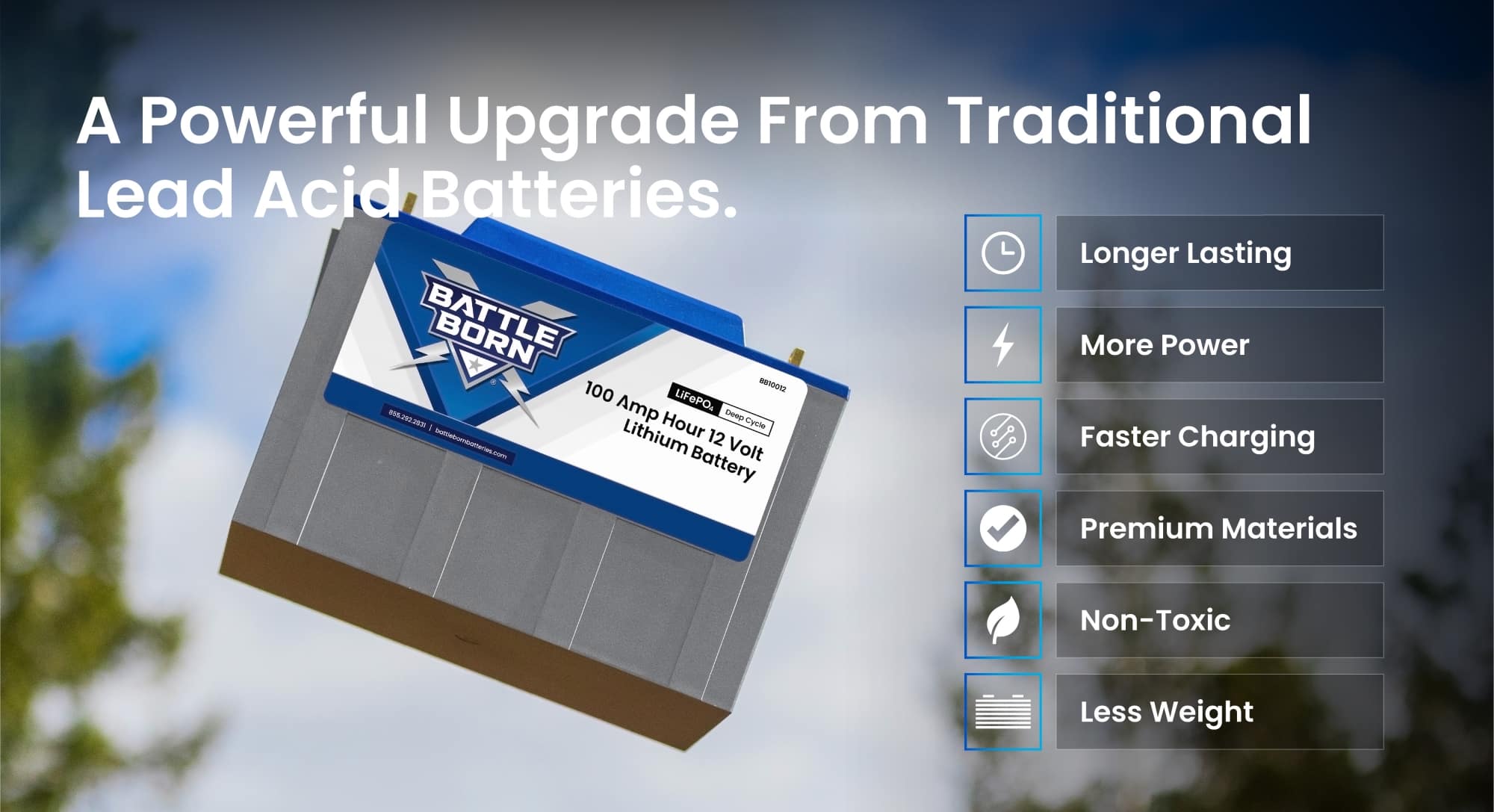Comparison of Battle Born 100Ah 12V LiFePO4 lithium battery vs traditional lead-acid battery, highlighting advantages such as longer lifespan (3,000-5,000 cycles), lightweight design (31 lbs vs 70+ lbs), 100% depth of discharge, faster charging, and maintenance-free operation.