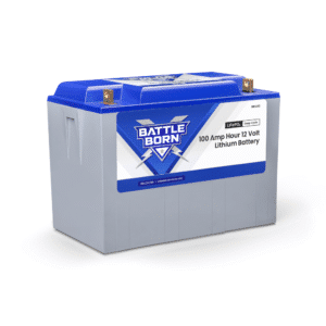 Battle Born 100Ah 12V LiFePO4 Deep Cycle Battery – Group 31 lithium battery with blue and gray design, company branding, and durable casing