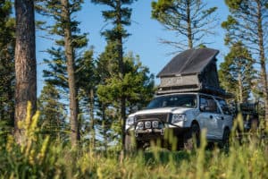 A white overlanding truck with a roof rack is pictured parked amongst grass and pine trees.