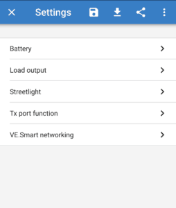Shown is the setting screen on the Victron app