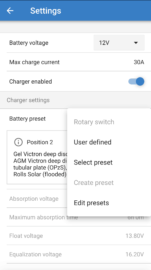 Settings on the Victron app