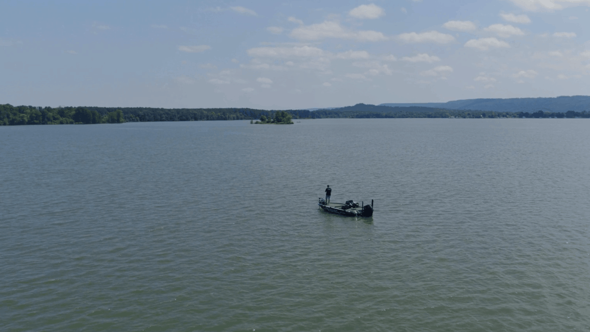 a drone shot of Miles Burghoff's boat on the water