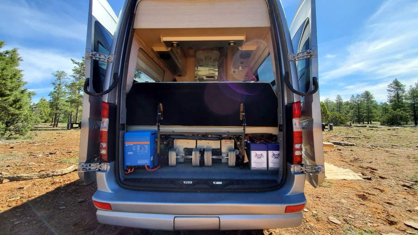 A back view of a van electrical system setup in the Irene Iron Fitness camper van.