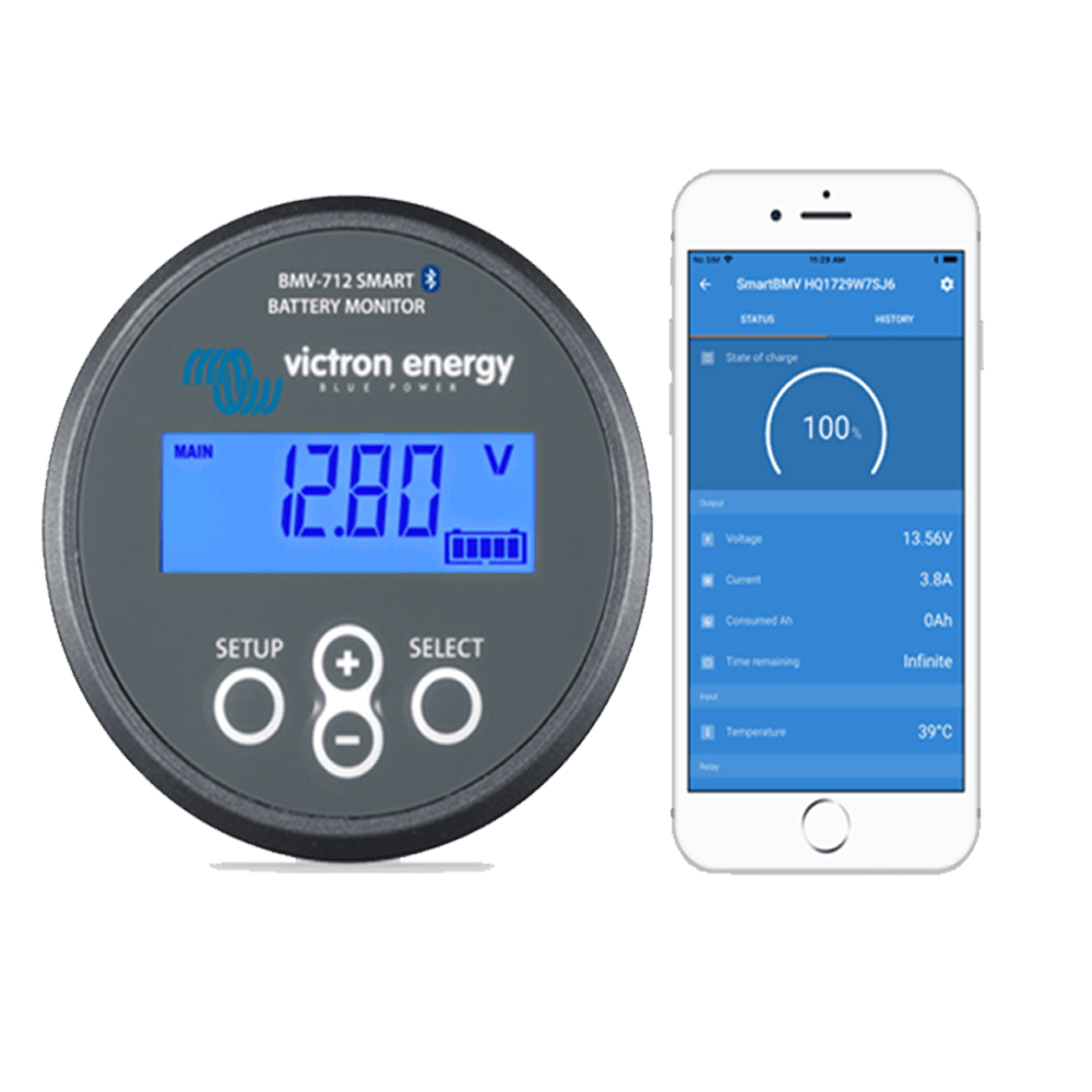 Victron Energy battery monitor with app interface shown on a white iPhone