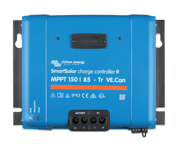 Pictured is a product photo of the Victron Energy SmartSolar charge controller.