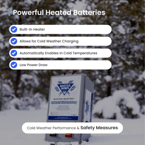 An informative graphic presenting the Battle Born 8D lithium battery equipped with a built-in heater for efficient cold weather charging and low power consumption.