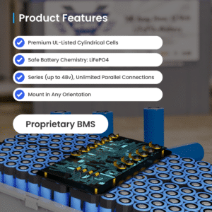 A detailed description of the features of Battle Born's 8D lithium battery, including UL-listed cylindrical cells, safe LiFePO4 chemistry, and versatile mounting options.