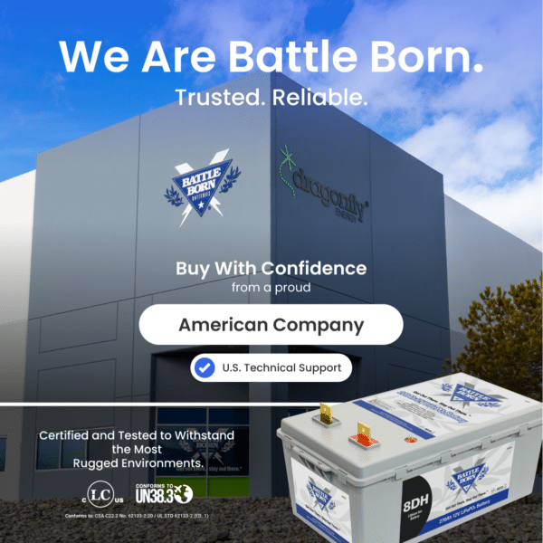 A promotional image of Battle Born Batteries headquarters with an 8D lithium battery in the foreground, highlighting the company's reliability and American heritage.