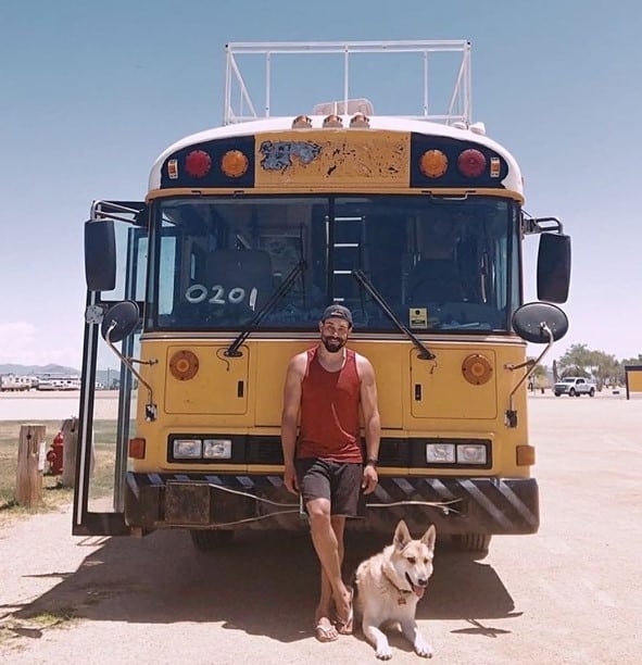 A photo of Chris Penn and a school bus.