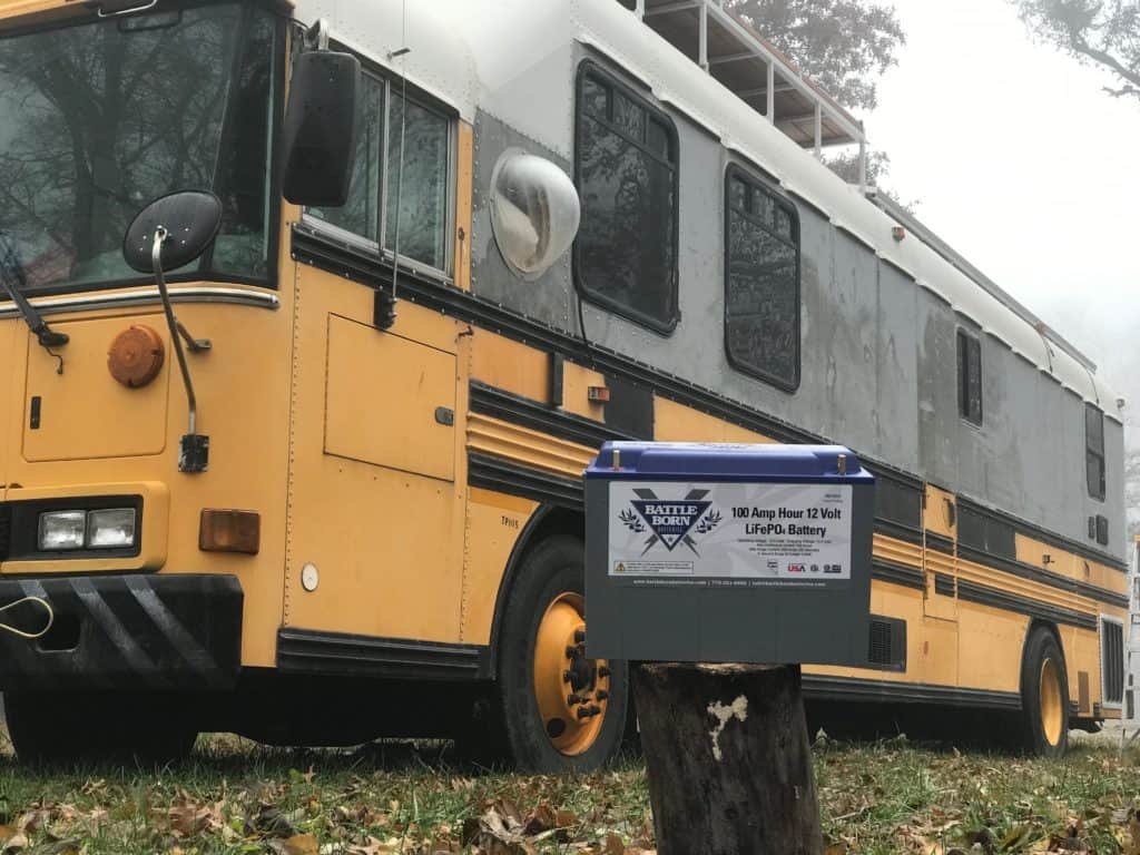 An image of a Battle Born battery outside of Chris Penn's school bus.