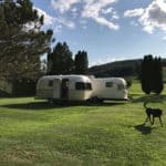 Zola (left), a 20-foot-long 1972 Airstream Argosy, and Zack (right) a 1976 28-foot Airstream Argosy. Both are vintage campers.