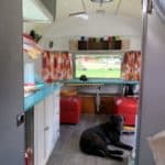 A post renovation shot of Zola, and Crystal's dog Dawkins inside the vintage camper.