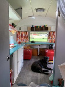 A post renovation shot of Zola, Crystal's vintage Camper and her dog, Dawkins.