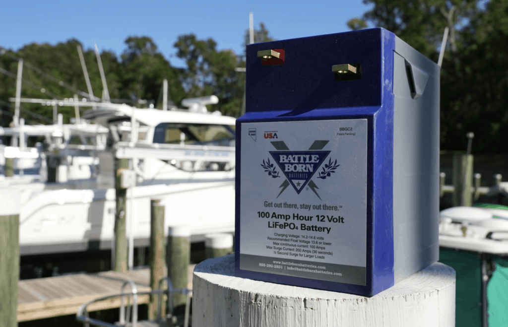 battle born gc2 12v lithium battery next to a marina