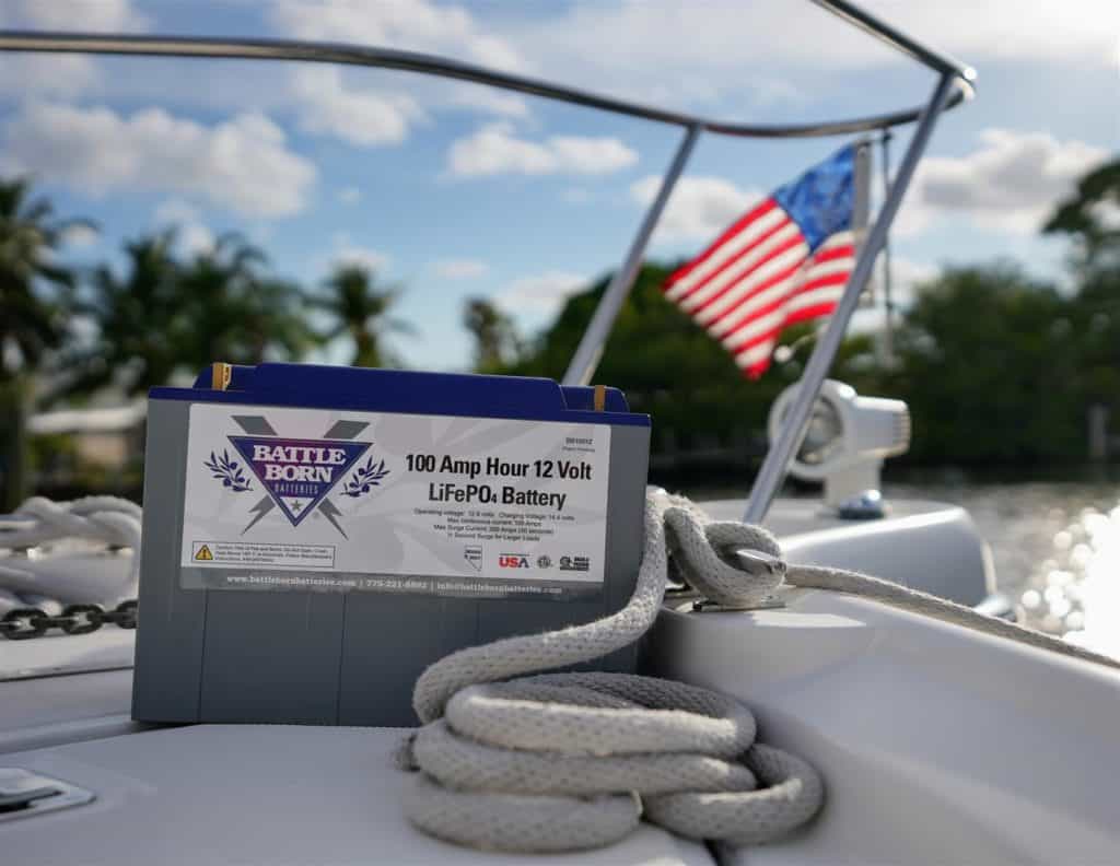 battle born lithium battery for marine applications photographed on a boat