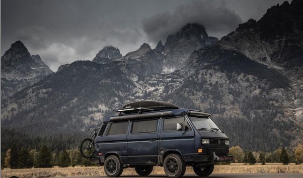Living the Van Life's Westfalia in front of mountains