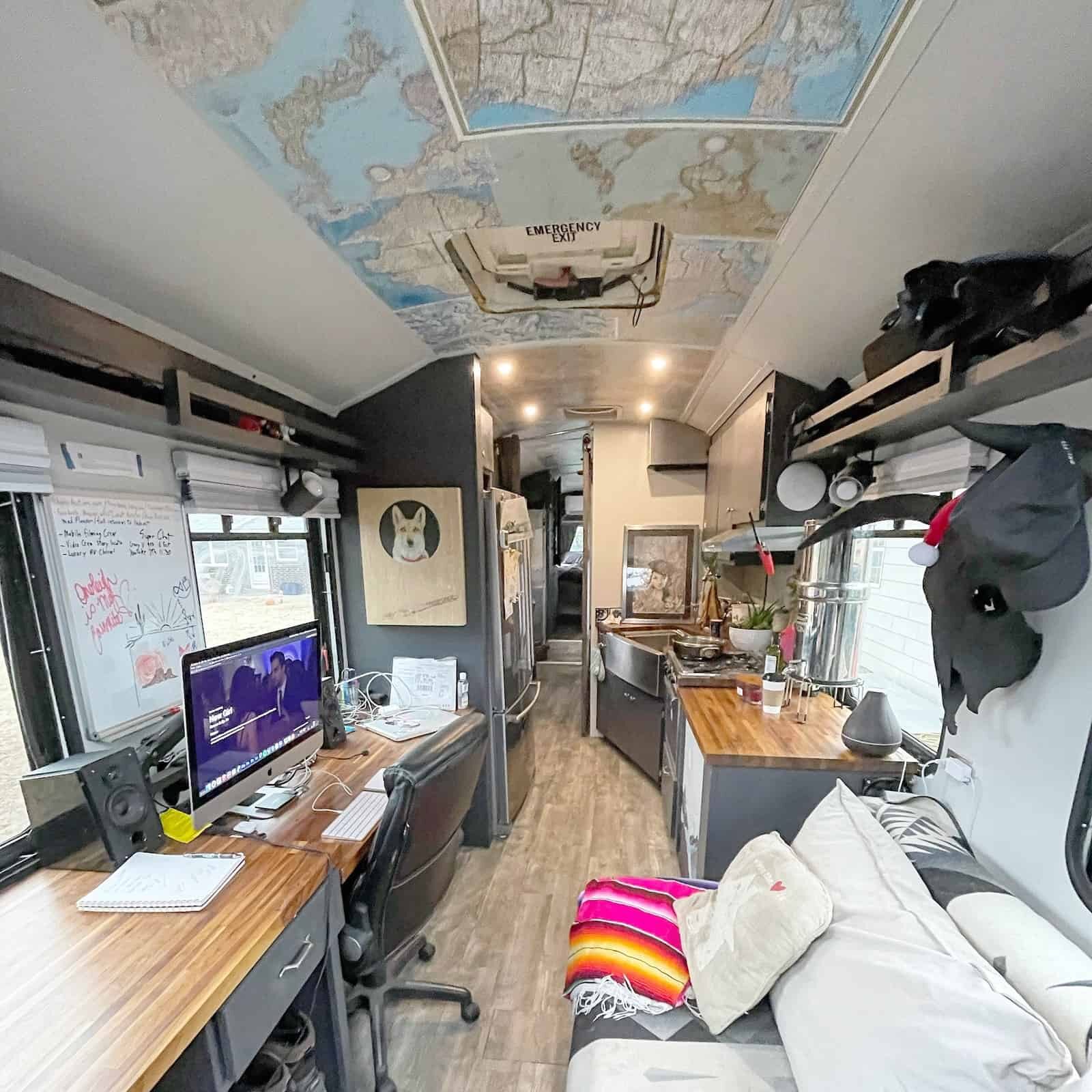 interior of a converted skoolie