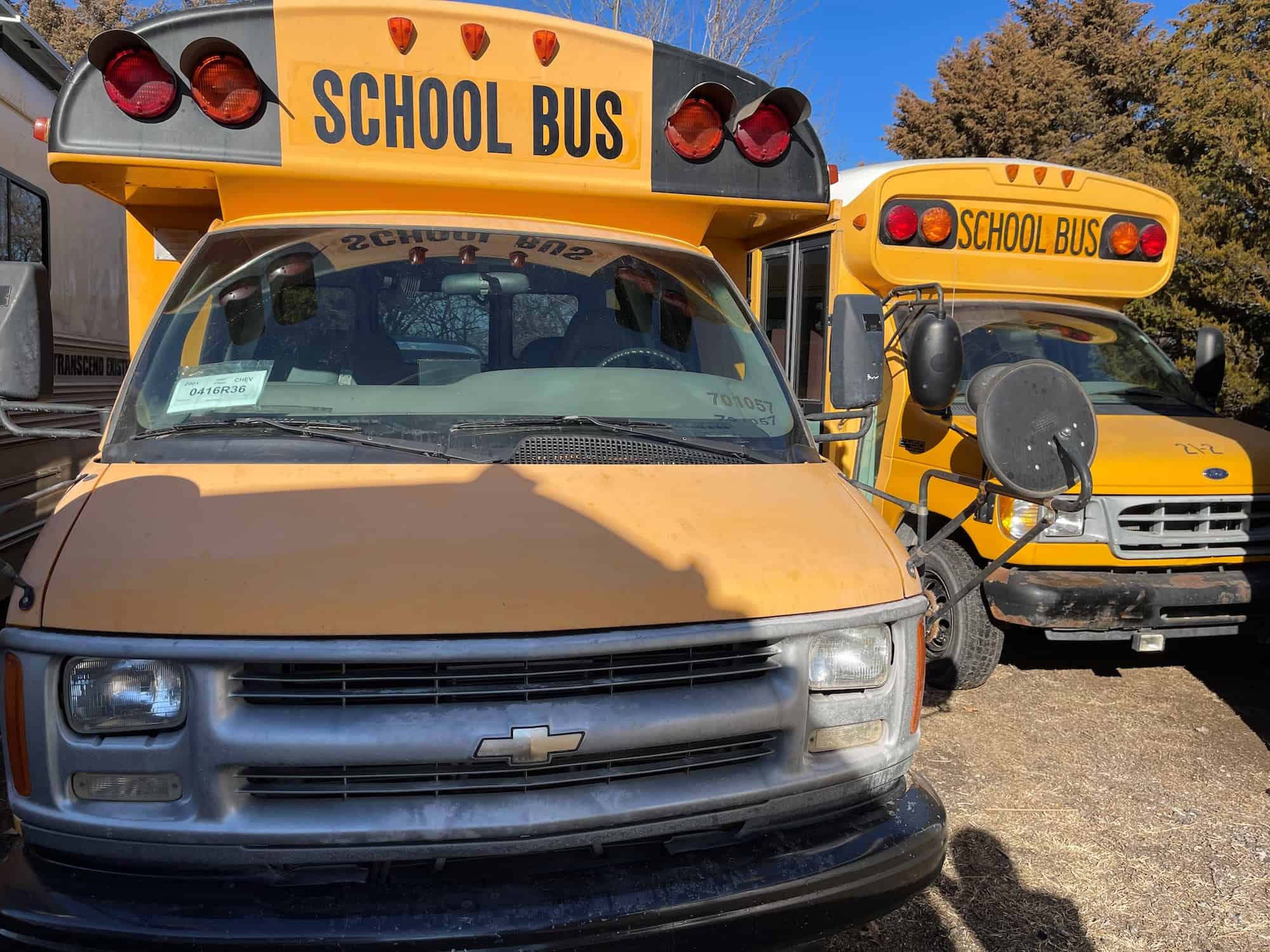 front of 2 school buses