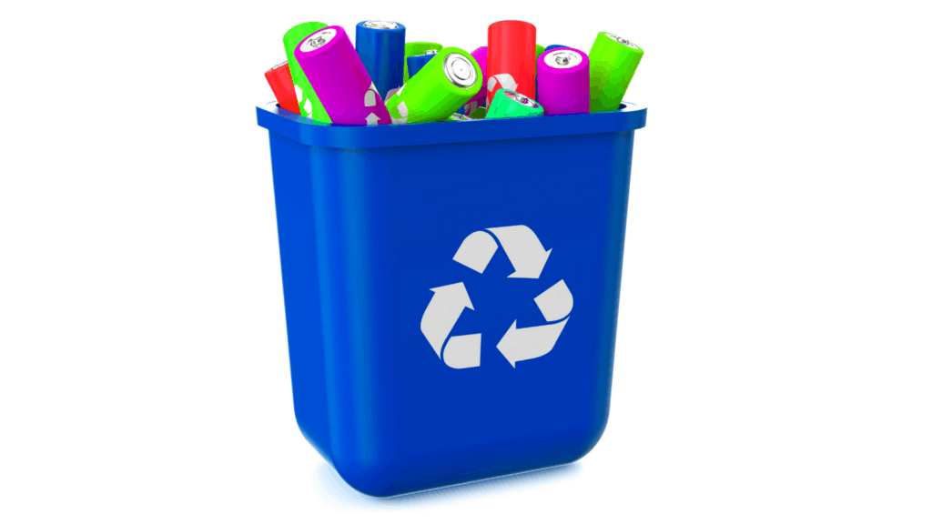 colorful batteries in a recycling bin