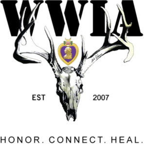 Wounded Warriors in Action logo. A Buck skull with the words "Honor. Connect. Heal" written underneath
