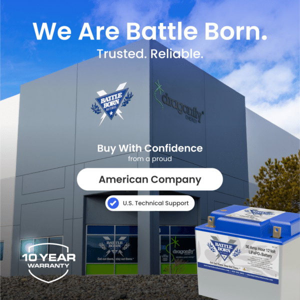 Corporate image of Battle Born Batteries' headquarters with a focus on brand trust and reliability, featuring a lithium-ion battery and noting the company as an American company with technical support.