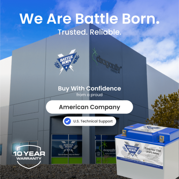 Promotional image for Battle Born Batteries with the taglines 'Trusted. Reliable.' and 'Buy With Confidence from a proud American Company', emphasizing U.S. technical support and a 10-year warranty.