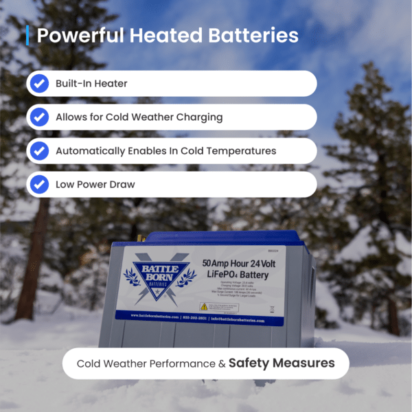 Feature showcase of Battle Born's heated batteries, highlighting the built-in heater and capability for cold weather charging in a snowy environment.