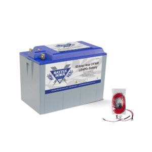 Battle Born's 50Ah 24 Volt LiFePO4 heated battery product image, emphasizing its ability to perform in cold weather conditions.