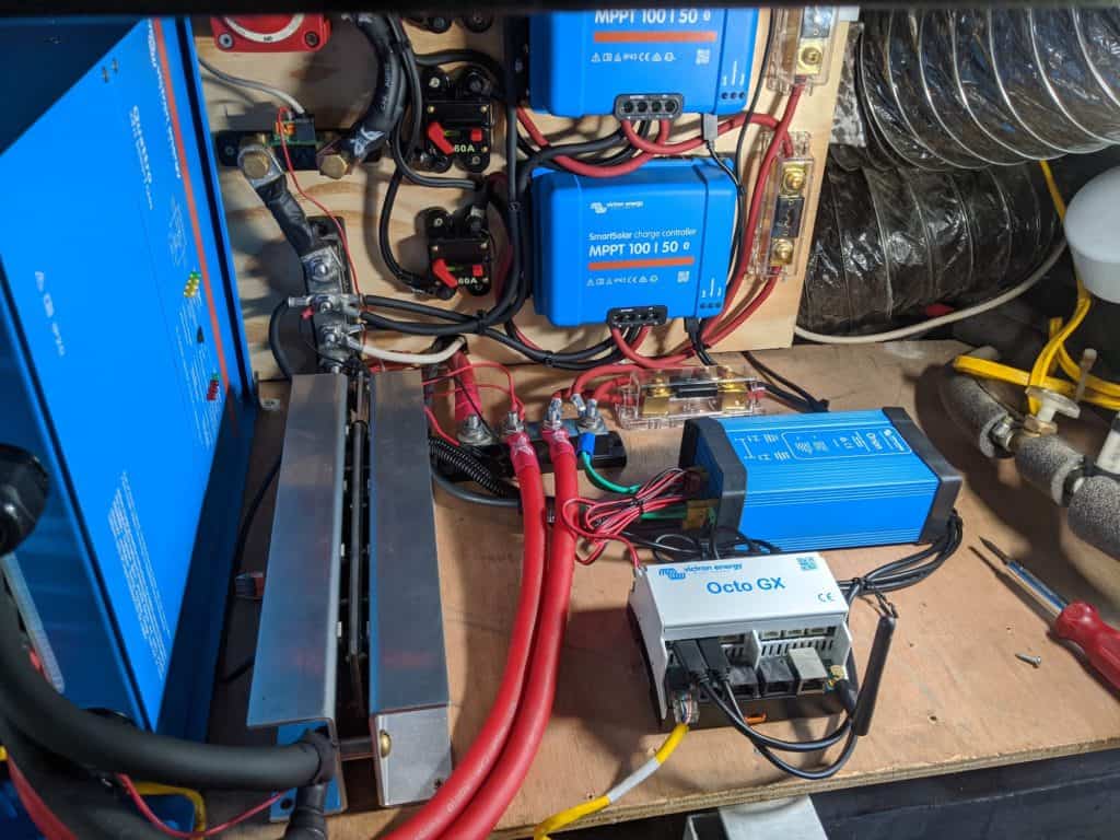 off-grid electrical system with a 12v to 24v converter, inverter, octo-gx, and solar charge controllers