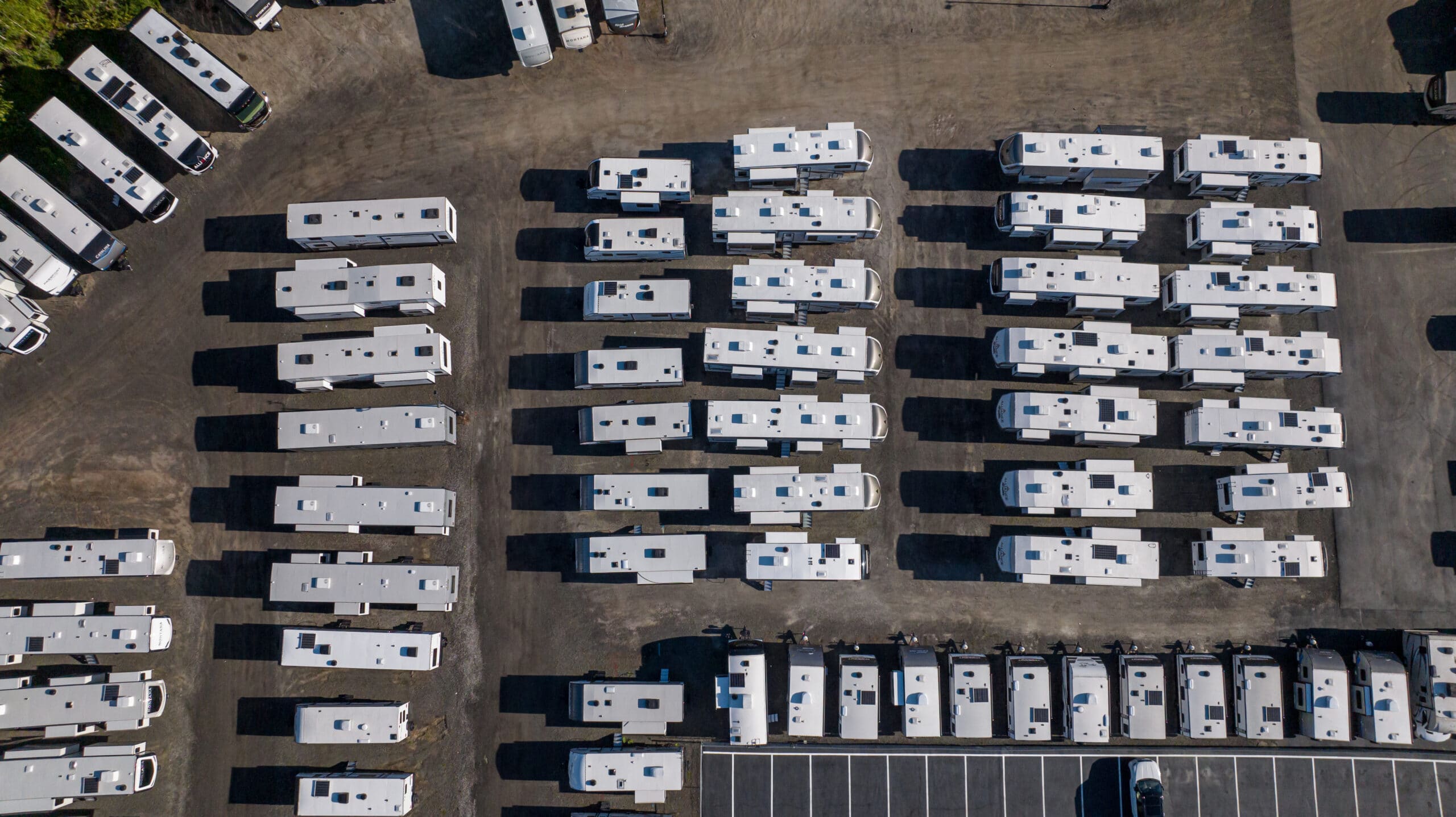 Many RVs parked at a dealership