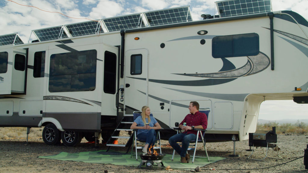 getaway couple fifth wheel with solar panels up