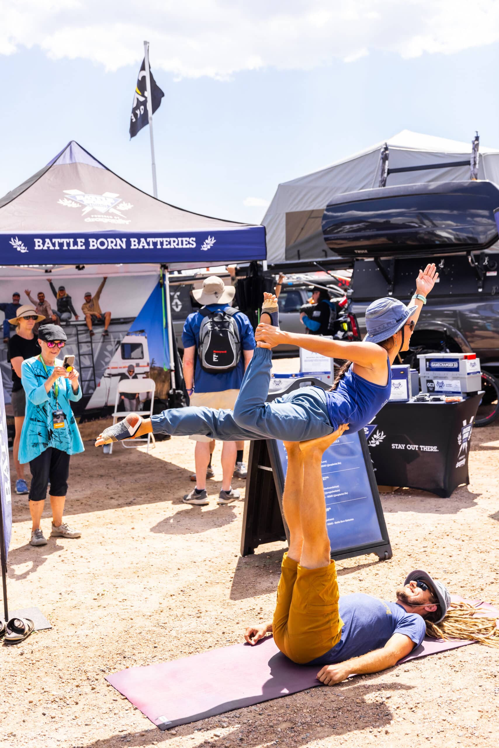 YogaSlackers at the Battle Born Batteries Booth at the Overland Expo