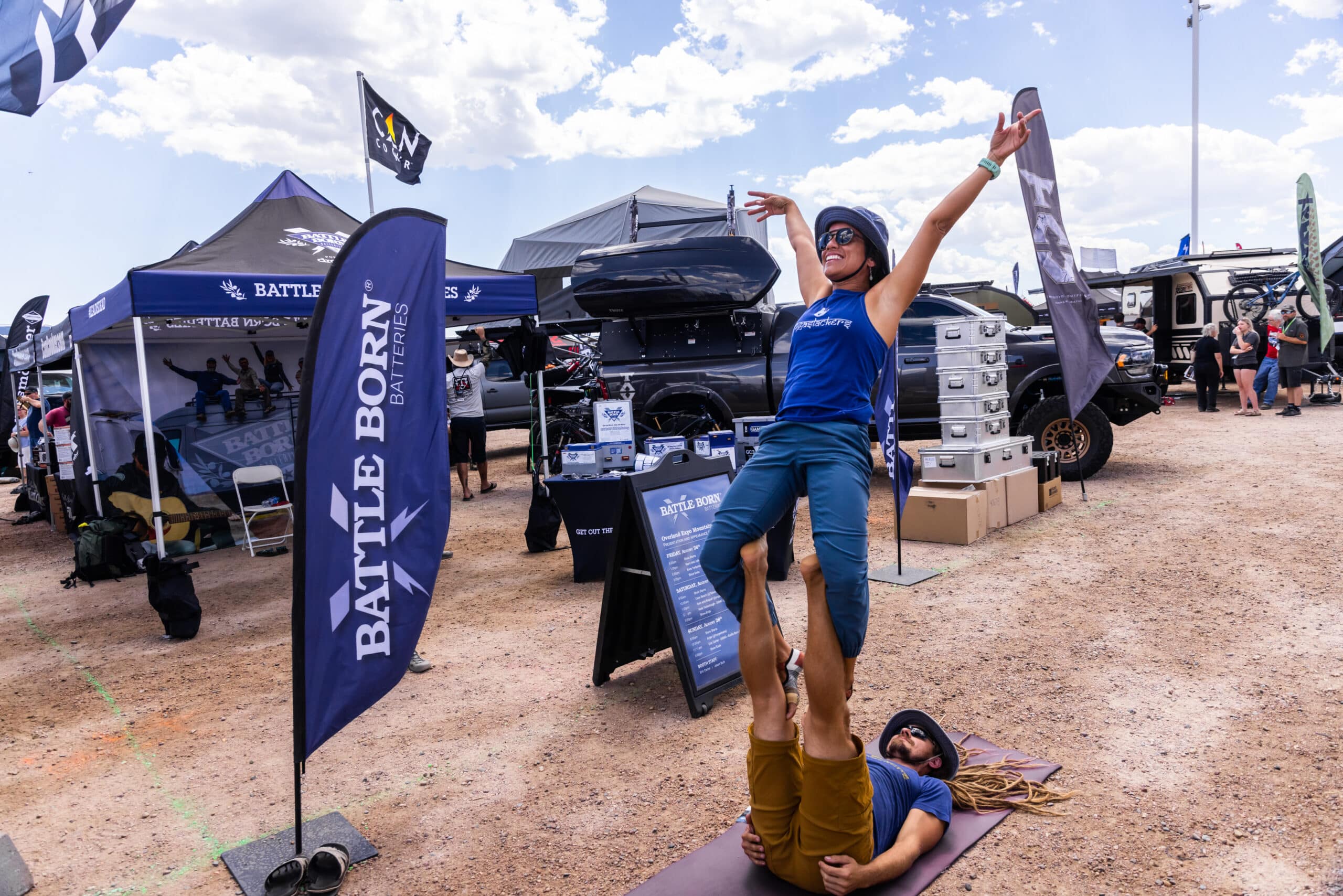 YogaSlackers at the Battle Born Batteries Booth at the Overland Expo