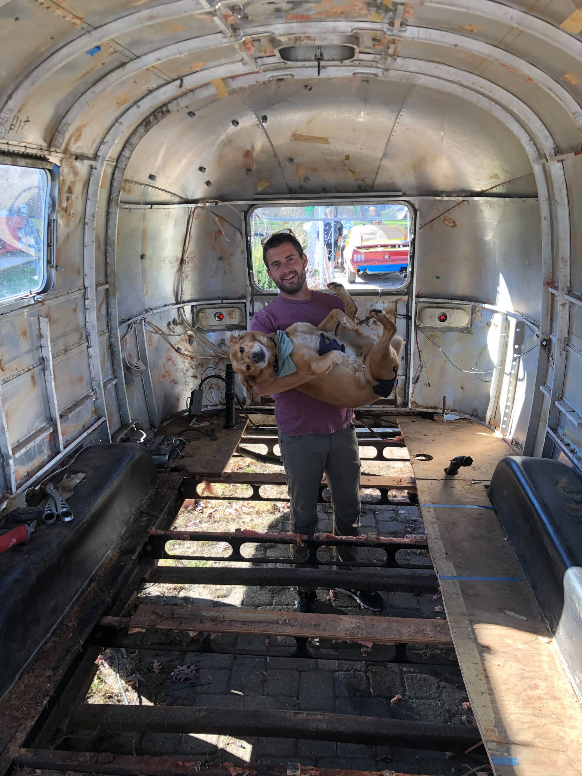 Trip and Tommy in the Gutted Airstream