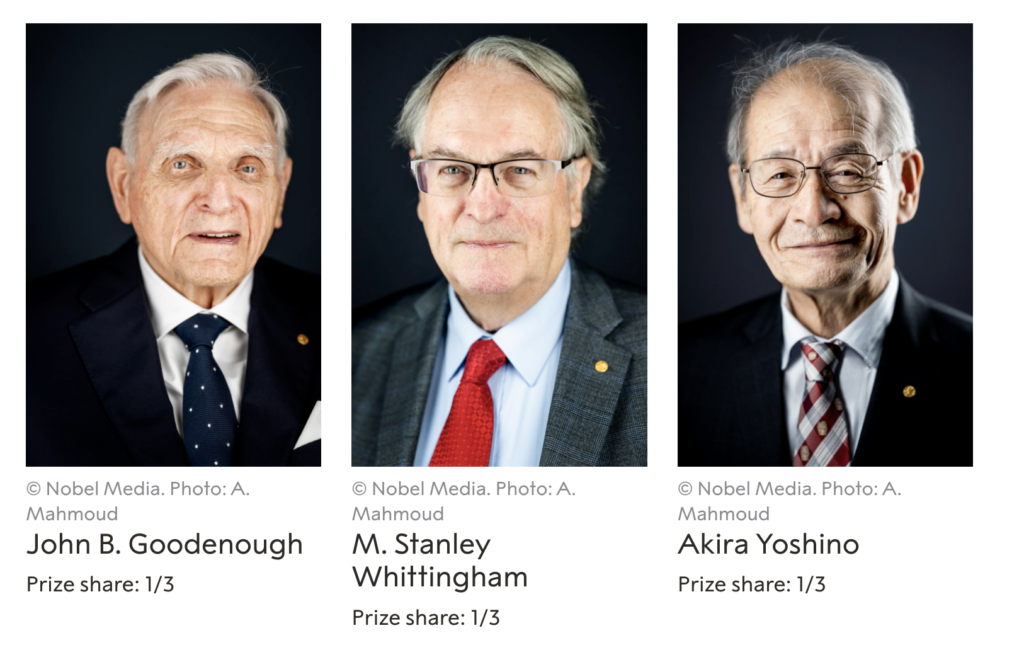 Nobel Prize Lithium Battery winners. From left to right: John B. Goodenough. M. Stanley Whittingham and Akira Yoshino